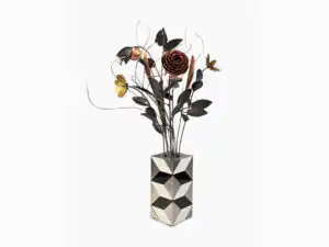 Vase mit handgefertigtem Blumenstrauss aus Metall – Einzelstück aus Chromstahl, Stahl und Kupfer