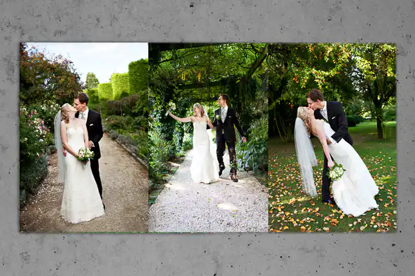 Drei Fotos vom Brautpaarshooting auf einer Doppelseite von einem Hochzeitsalbum. Hochzeitsalbum von UNIKATUM